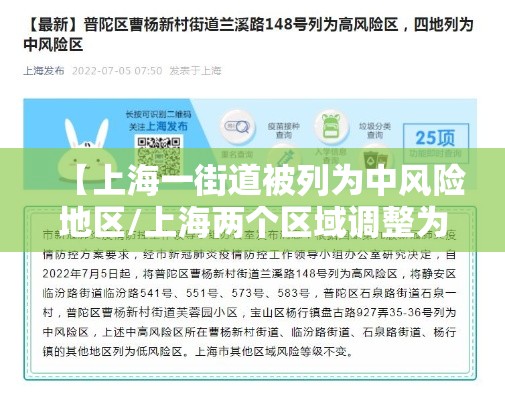 【上海一街道被列为中风险地区/上海两个区域调整为中风险】 【上海一街道被列为中风险地区/上海两个区域调整为中风险】