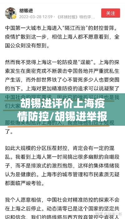 胡锡进评价上海疫情防控/胡锡进举报进展 胡锡进评价上海疫情防控/胡锡进举报进展
