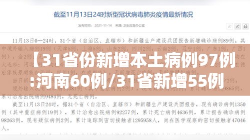 【31省份新增本土病例97例:河南60例/31省新增55例本土确诊 在河南等8地】 【31省份新增本土病例97例:河南60例/31省新增55例本土确诊 在河南等8地】